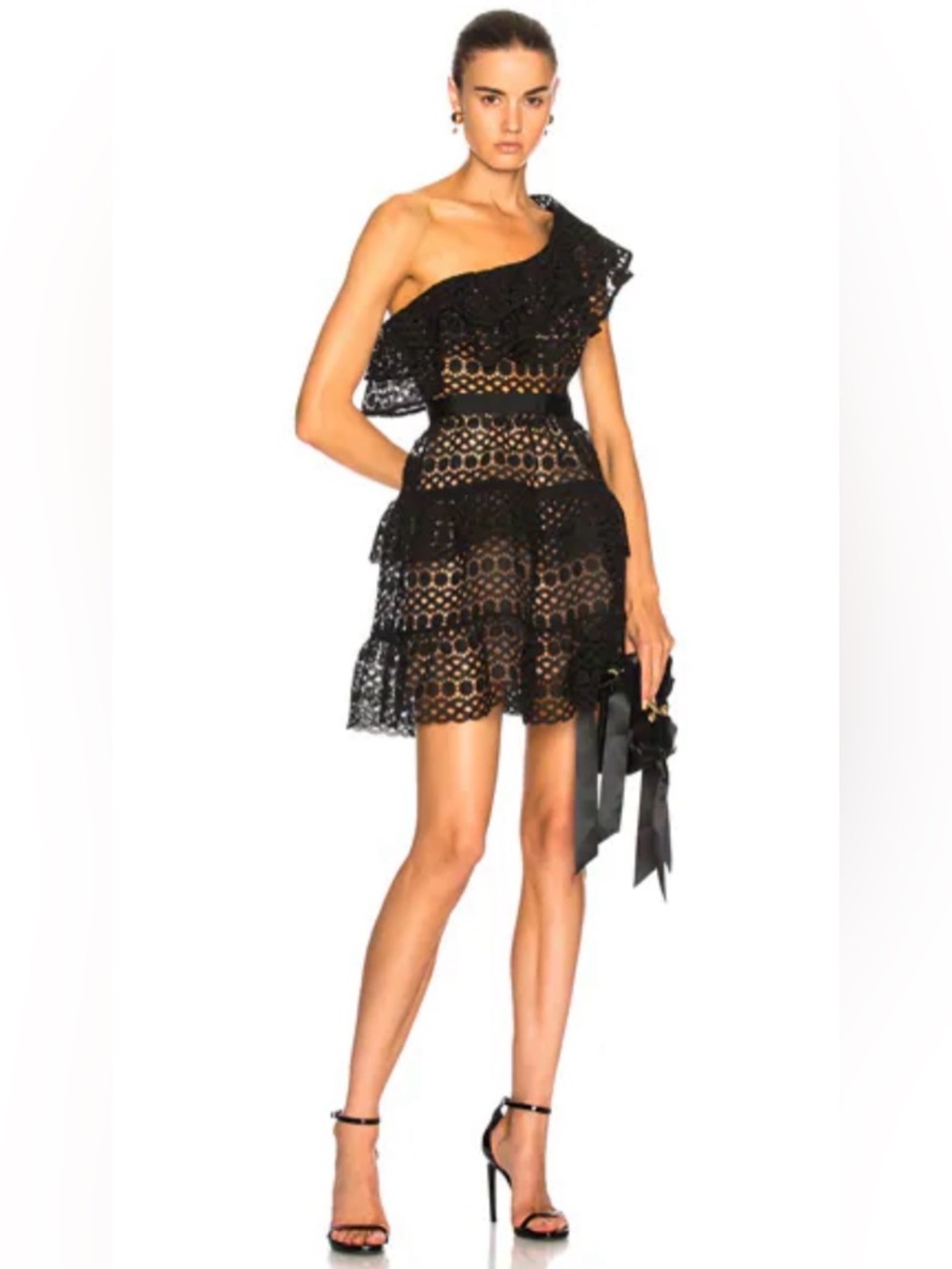 Self-Portrait Guipure Lace One Shoulder Mini Dress Black NWT Size 0 - Picture 1 of 16